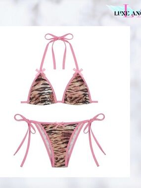 Womens Pink Tiger-Print String Bikini -